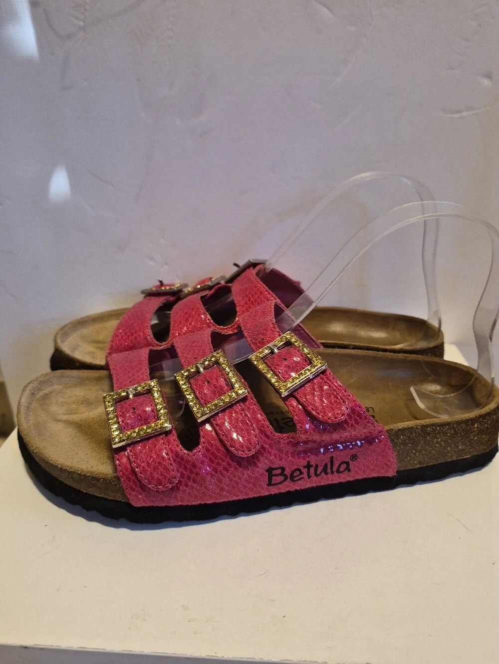 Birkenstock Betula "Florida" Fuchsia Snakeskin Rhinestone Buckle Sandals Sz.8/39